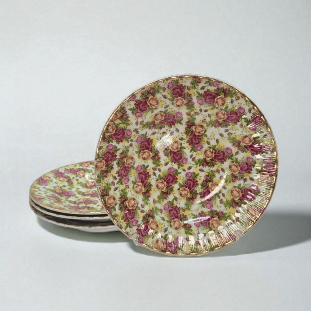 Rare Vintage Yusui Porcelain 9" Salad Plates All Over Country Rose Print 24kt GP